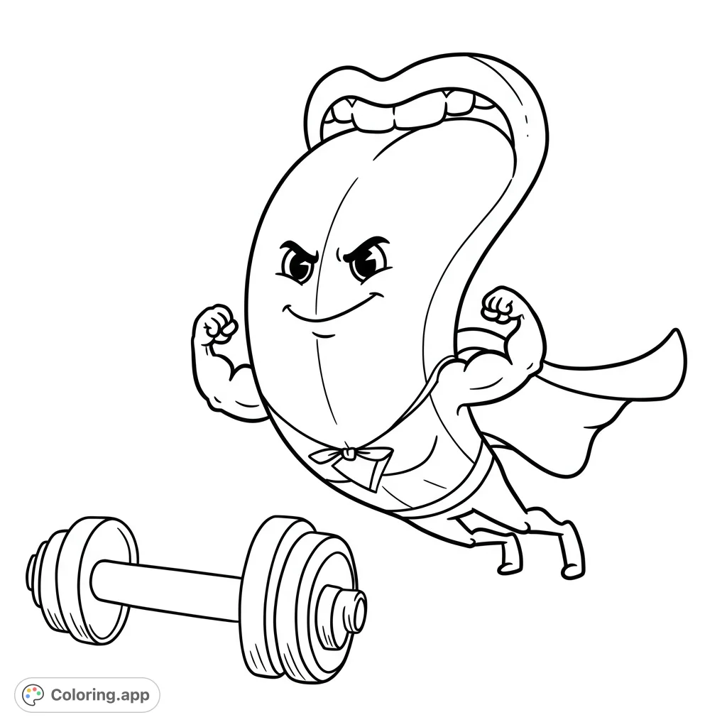 A fun, cartoony tongue superhero with a cape does push-ups inside a mouth. A unique and simple free printable coloring page for all ages!