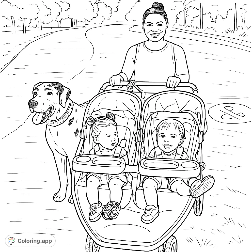 A joyful family outing featuring a woman, two babies in a stroller, and a large dog on a scenic path. Perfect for family coloring page fun!