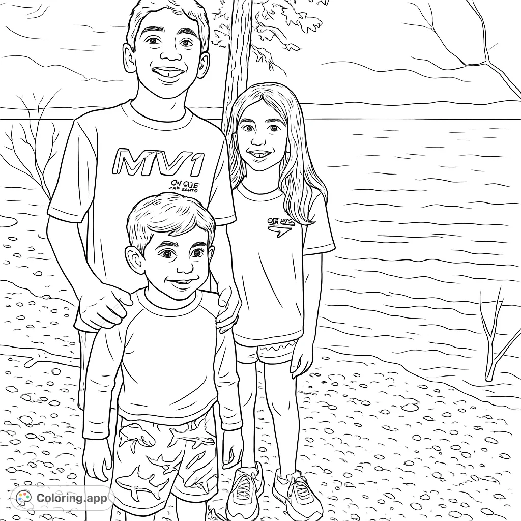 A heartwarming family outing coloring page featuring three happy children on a rocky lake shore with a tree and distant hills. Perfect for a nature-themed coloring page.