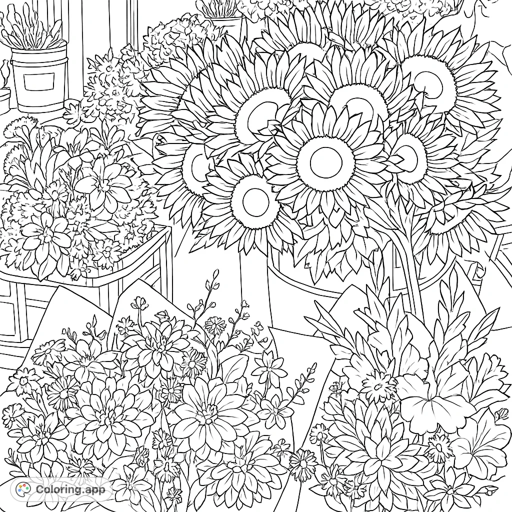 Explore a vibrant flower market scene with detailed sunflowers, dahlias, and mixed bouquets. Perfect for nature lovers and intricate coloring.