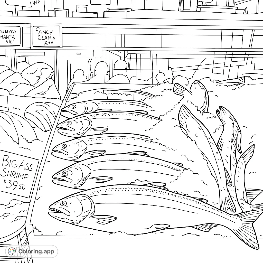 Explore a bustling fish market scene with large, fresh fish on ice, ready for vibrant colors. A detailed and engaging free printable coloring page.