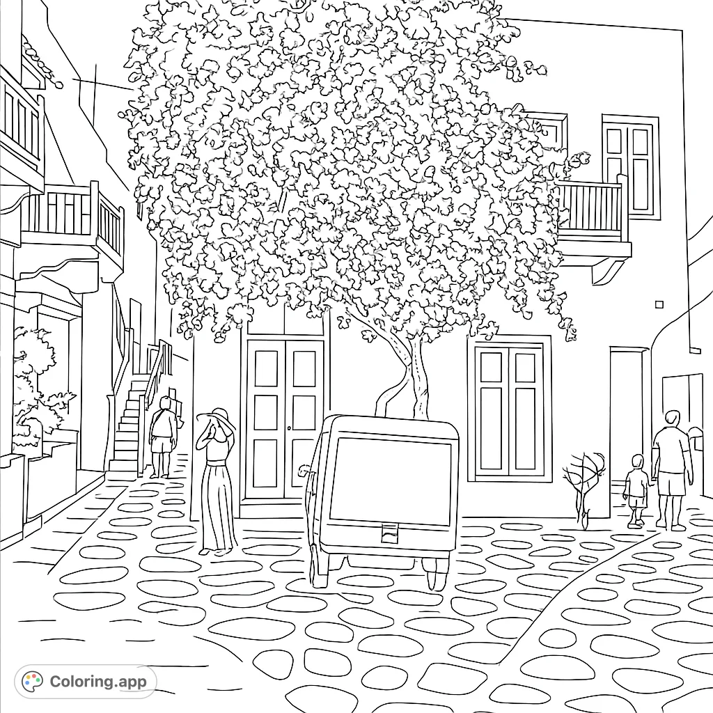 A charming Mediterranean street with a vibrant bougainvillea tree, white buildings, and colorful doors, perfect for a relaxing coloring escape.