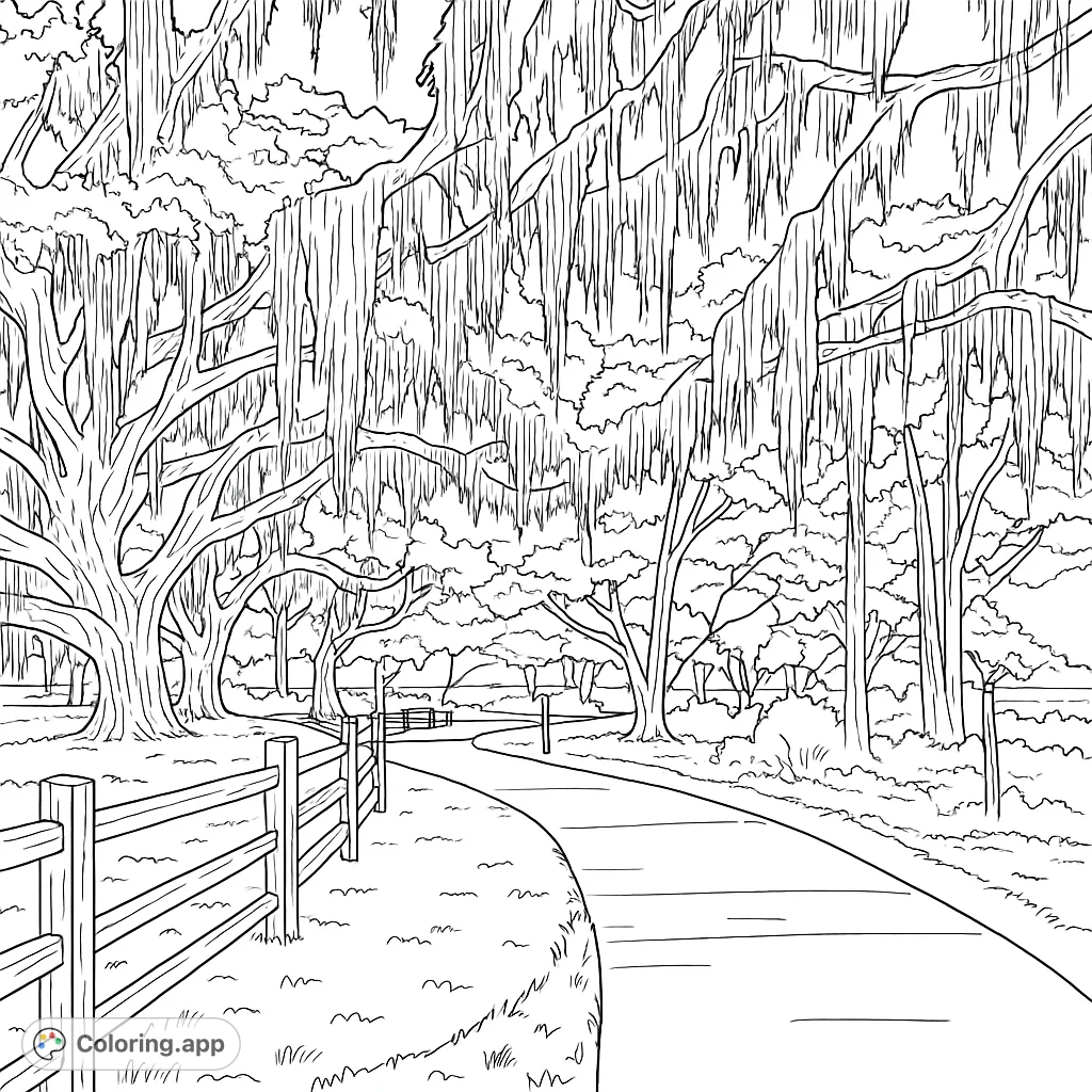 A tranquil path winds through ancient moss-draped trees towards a serene lake at sunset. Perfect for a peaceful nature coloring escape.
