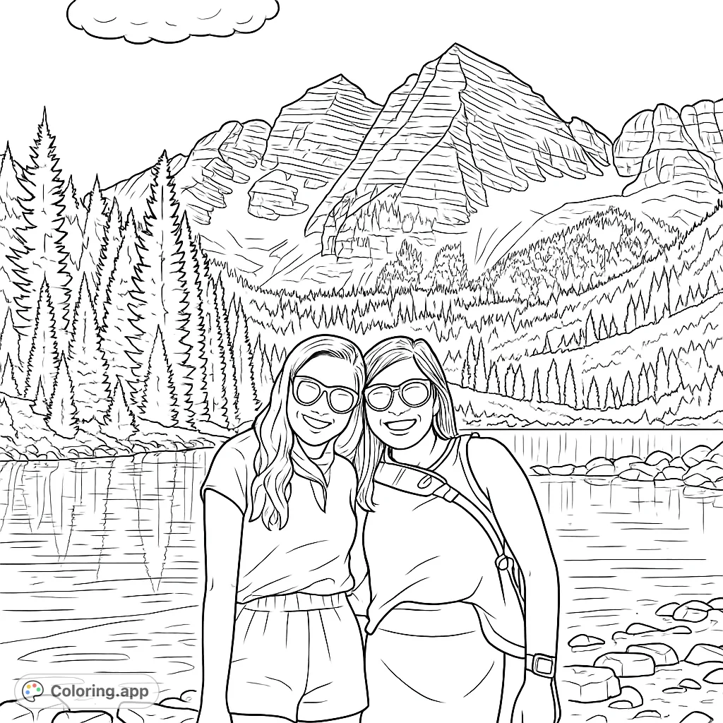 Two friends pose by a serene mountain lake with majestic peaks and dense forests. A beautiful nature scene for a relaxing coloring experience.