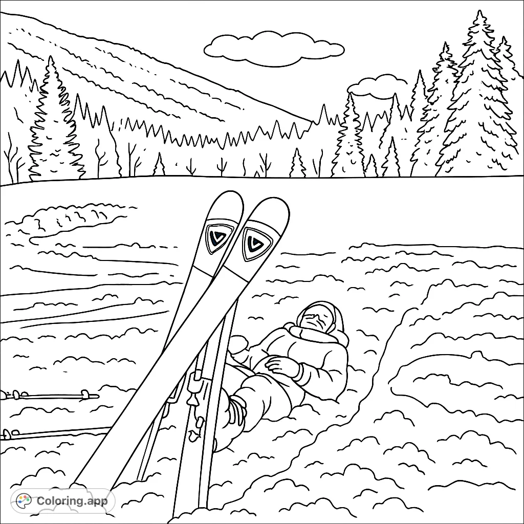 A serene winter scene featuring a person resting in deep snow, framed by skis and poles, with a majestic snowy mountain and evergreen forest in the background.