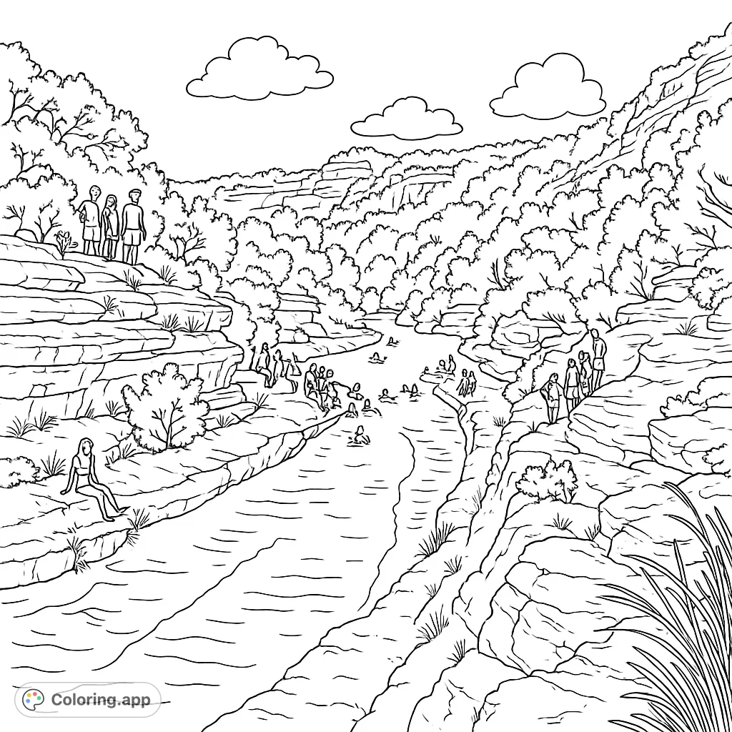 Explore a scenic river canyon coloring page with winding waters, layered rock formations, lush trees, and people enjoying the natural beauty.
