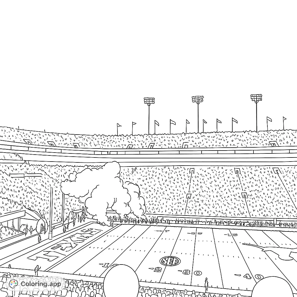 A dynamic stadium scene with a massive crowd, a football field, and a burst of smoke, perfect for sports fans to color.