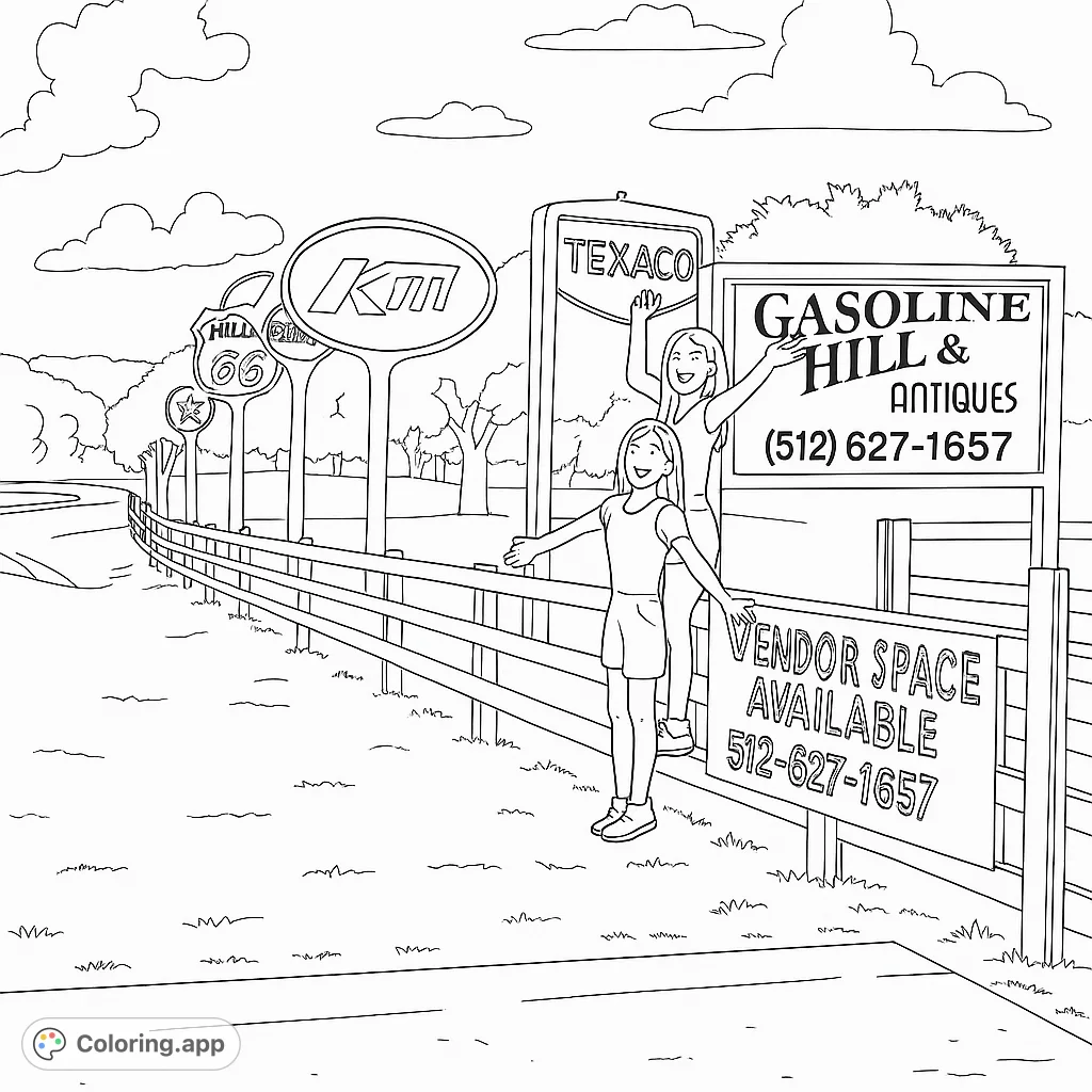A nostalgic roadside scene featuring a collection of vintage gas station signs, a large antique shop sign, and a rustic wooden fence under a cloudy sky.