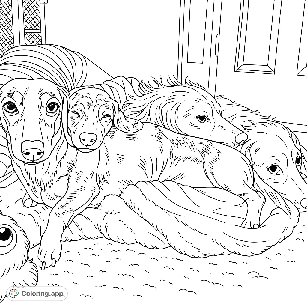 A heartwarming dachshunds coloring page featuring four adorable pups snuggled on a blanket, perfect for dog lovers and free printable coloring page fun.