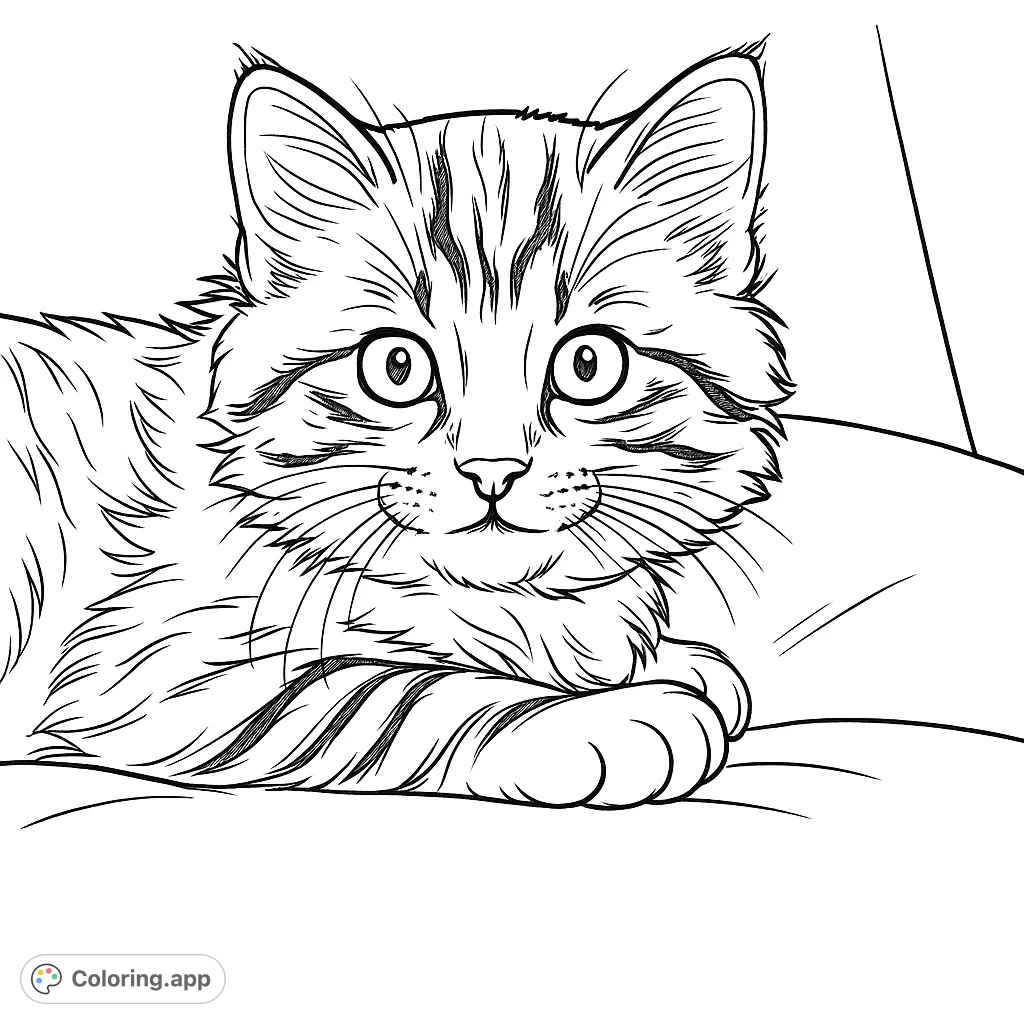 An adorable fluffy tabby kitten resting, perfect for animal lovers. Features detailed fur patterns and a sweet expression.