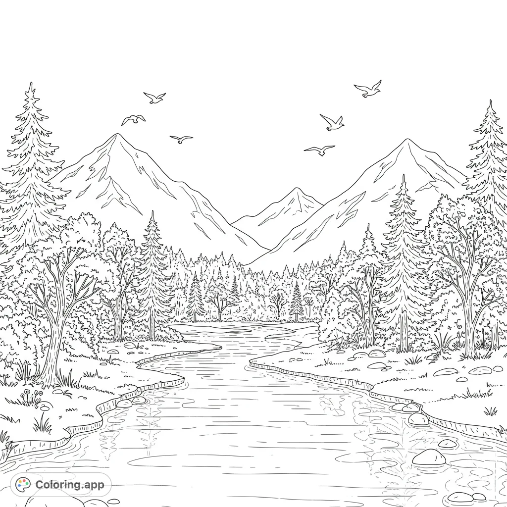 A beautiful nature coloring page featuring a serene river flowing through dense woods, with majestic mountains in the background and birds soaring above.