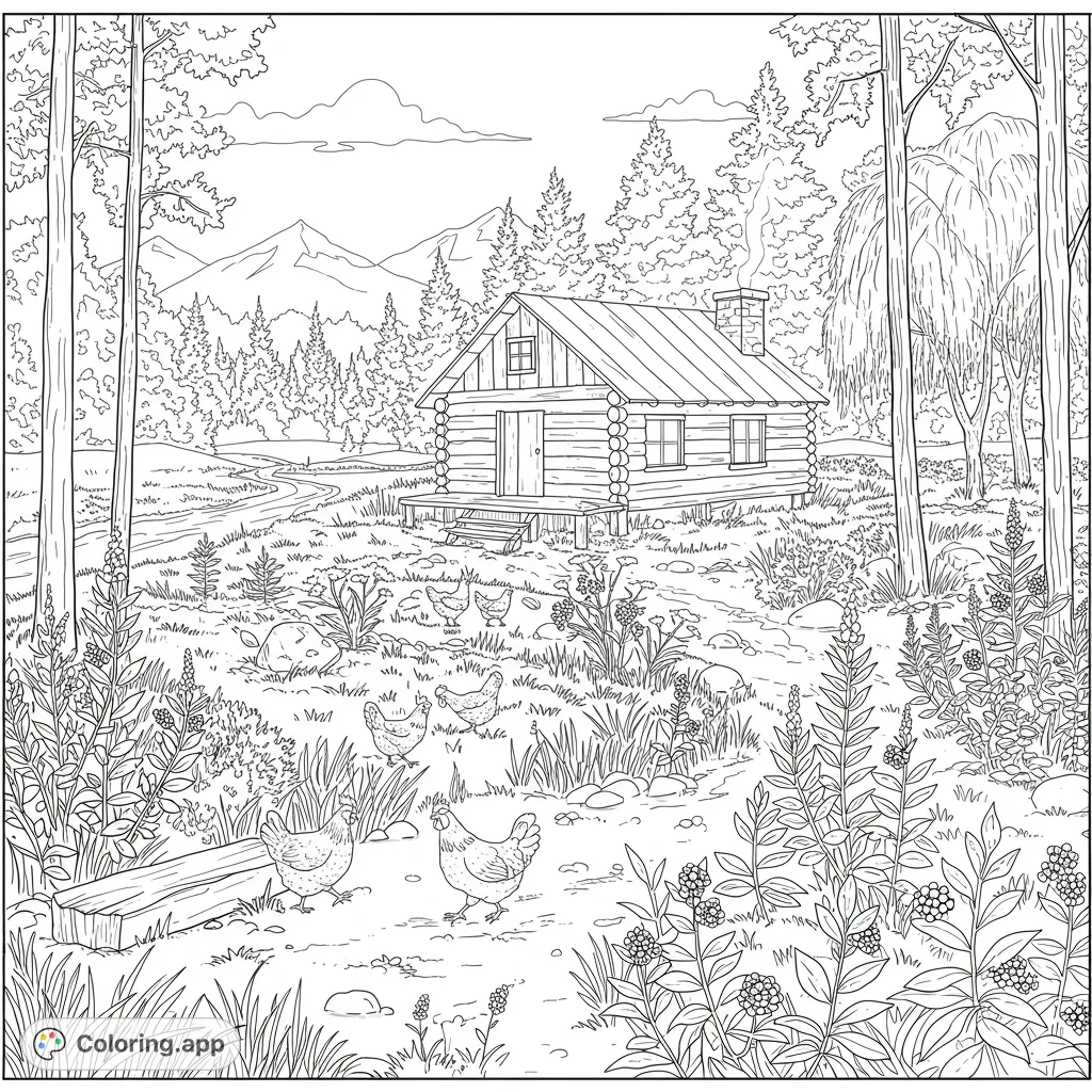 Rustic Log Cabin Scene - Coloring.app