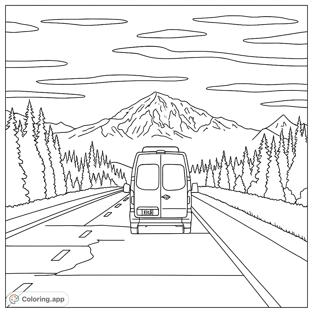 Embark on an adventure with this road trip coloring page, featuring a van on a highway leading to majestic, snow-capped mountains.