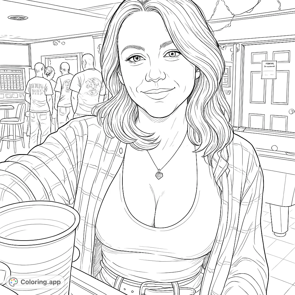 Detailed portrait of a woman in a lively bar setting, perfect for adult colorists seeking a realistic scene to bring to life with intricate shading.