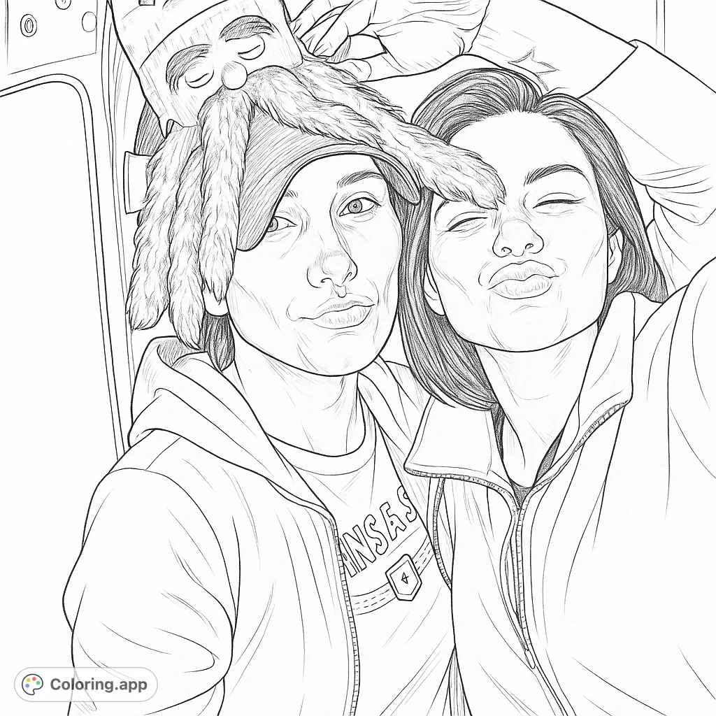 Two friends making playful kissing faces, one with a whimsical furry creature on her head. A fun, lighthearted scene for creative coloring.