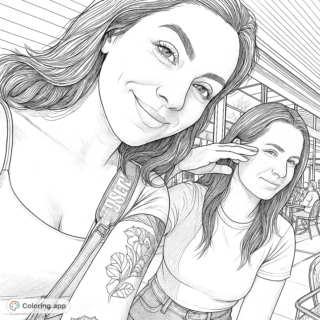 Capture the joy of friendship with this realistic coloring page featuring two smiling women in an outdoor setting. Perfect for detailed coloring.