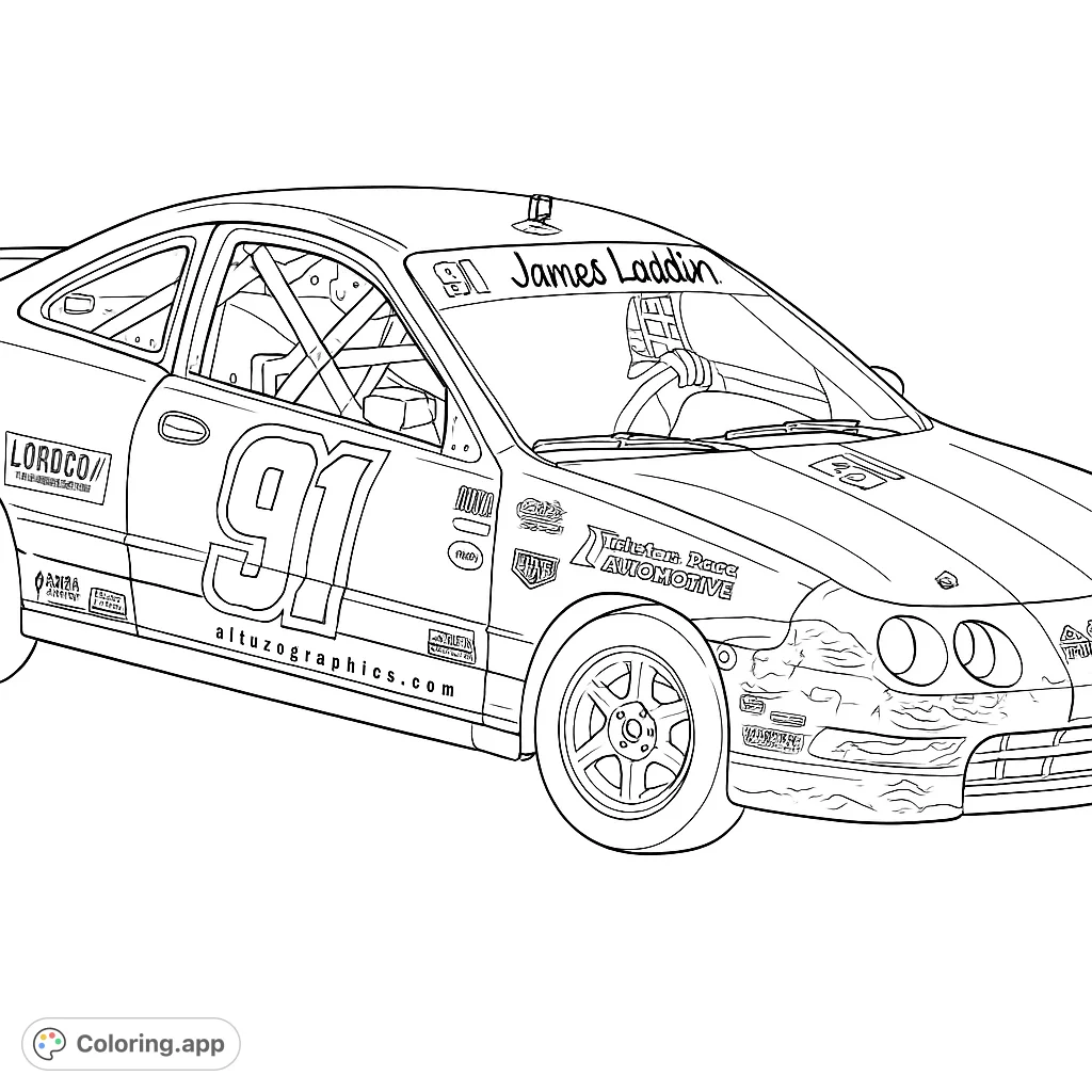 A thrilling race car with number 91, featuring detailed damage and an interior roll cage. Ready for vibrant colors and creative expression.