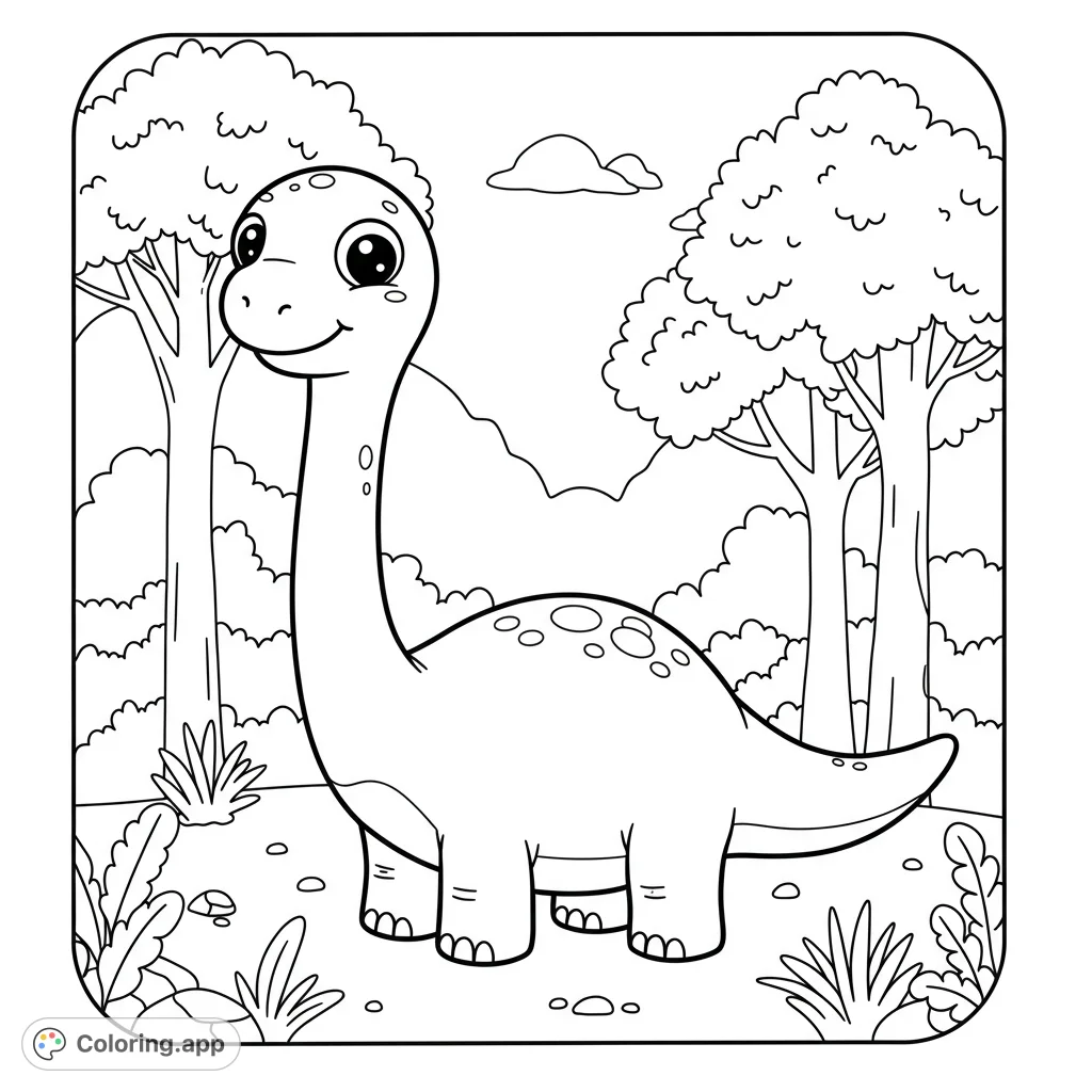 A charming, cartoony dinosaur stands in a simple forest, perfect for a fun and easy coloring adventure. Ideal for young artists!