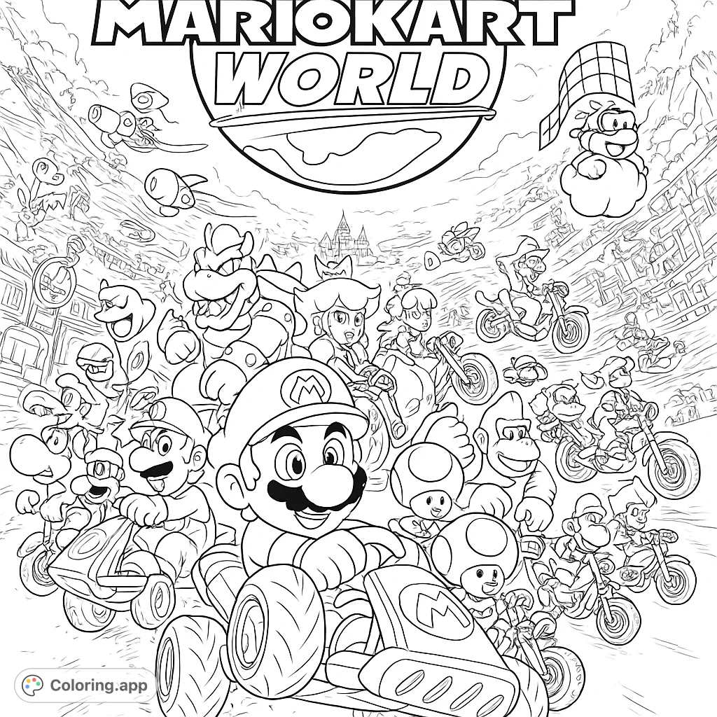 An action-packed racing game coloring page featuring iconic characters in a dynamic race across diverse landscapes, perfect for fans of all ages.