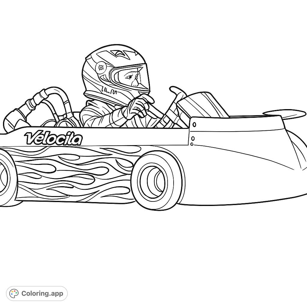 Experience the thrill of go-kart racing! A dynamic go-kart with a driver in a helmet, featuring cool flame patterns on a dirt track.