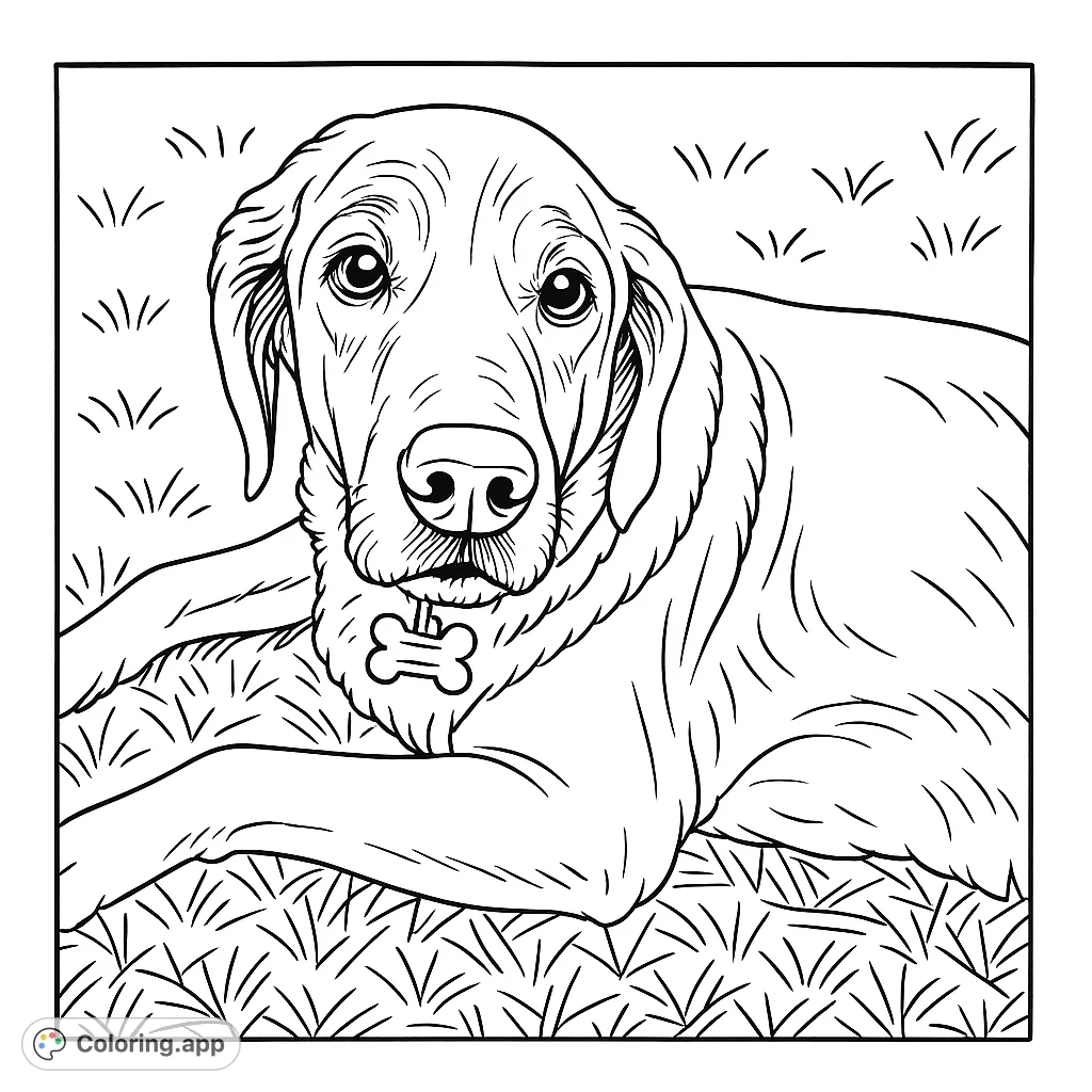 A loyal dog rests on the grass, offering a heartwarming scene for coloring. Capture its gentle expression and textured fur in this delightful pet portrait.
