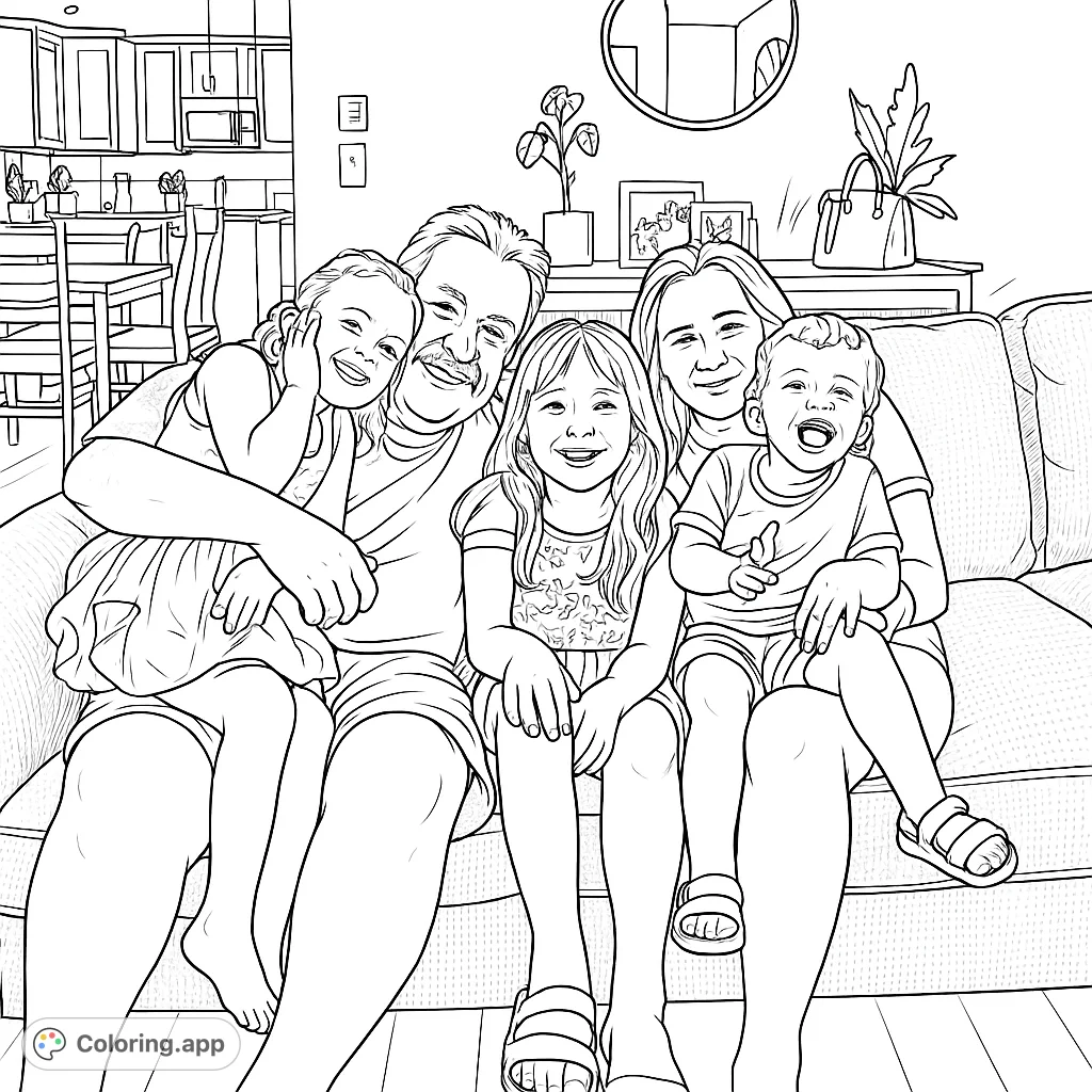 A heartwarming family scene featuring two adults and three children smiling on a cozy sofa, perfect for a joyful coloring experience.