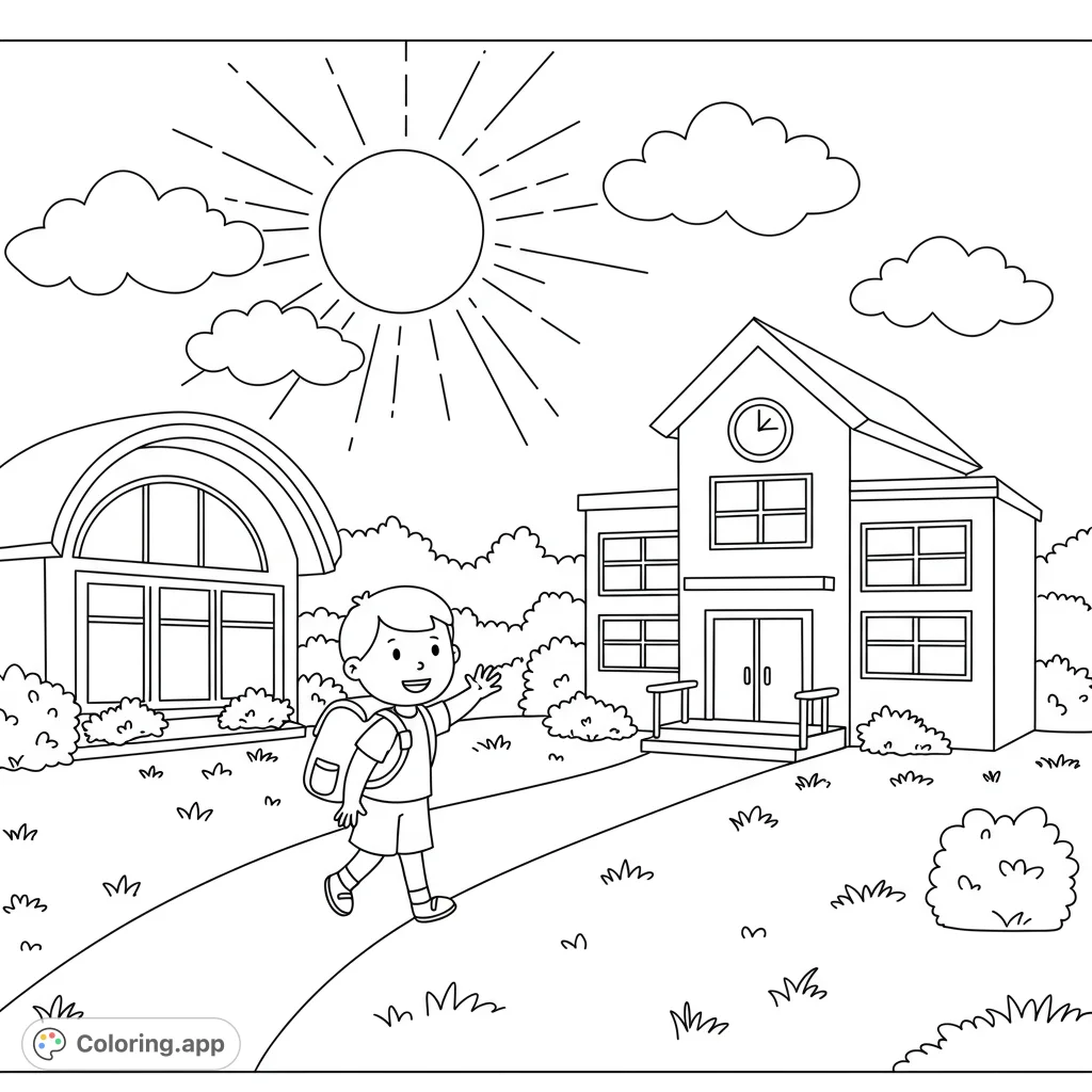 A joyful child waves goodbye to daycare, ready for kindergarten. A perfect free printable coloring page for school transitions and new beginnings.