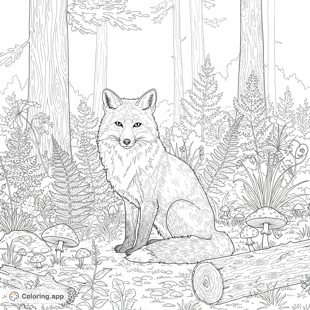 A beautiful fox rests in a detailed forest scene, featuring ferns, toadstools, and trees. A perfect free printable nature coloring page for all ages.