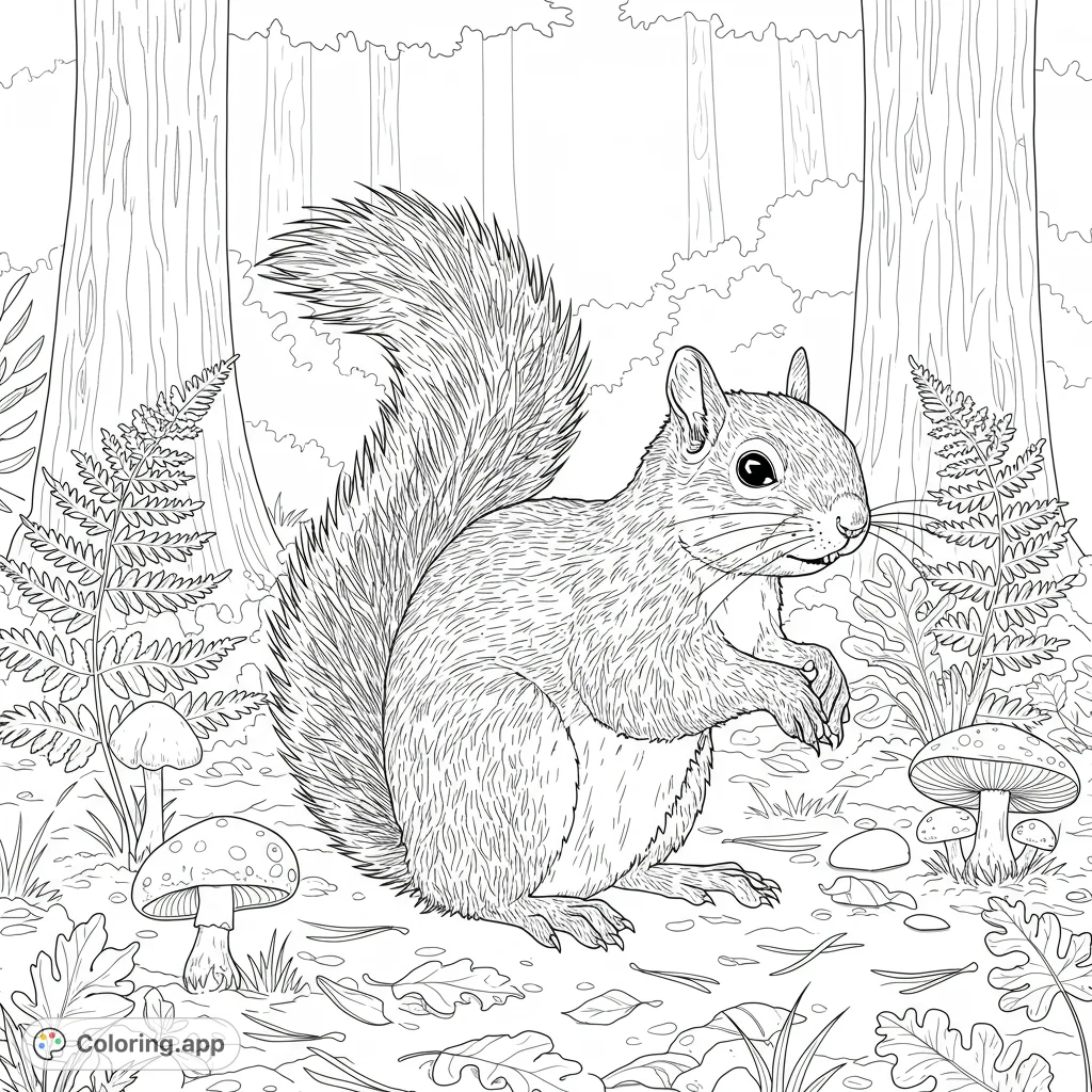 A charming black and white forest squirrel coloring page, perfect for nature lovers. Features a detailed squirrel amidst ferns, toadstools, and cedar trees.