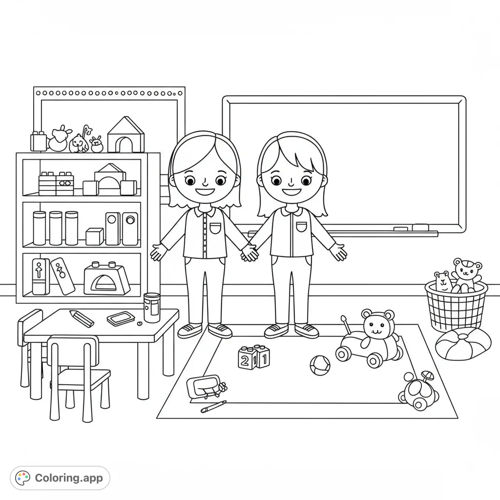 A cheerful cartoony scene of two friendly teachers welcoming children to a vibrant preschool classroom, perfect for young colorists.