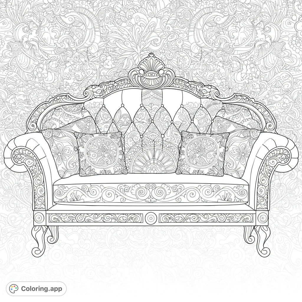 An intricate regal sofa coloring page featuring abstract patterns and a complex background. Perfect for detailed coloring and relaxation.