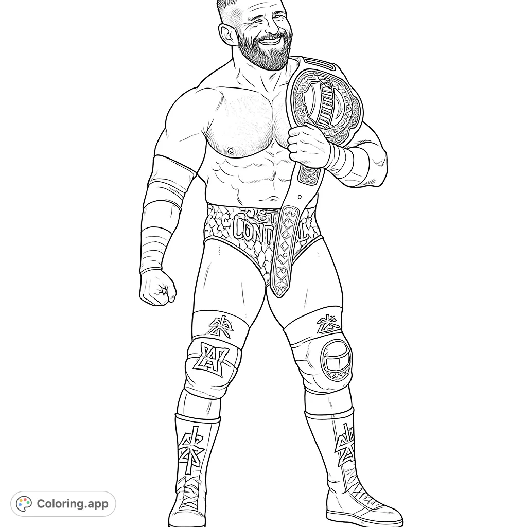 Dynamic wrestling champion with a detailed championship belt and unique attire, ready for action. Perfect for sports fans and aspiring athletes.