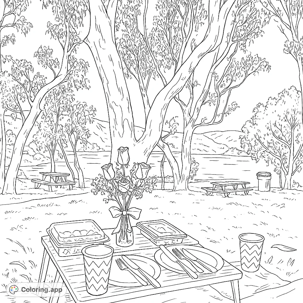 Enjoy a peaceful lakeside picnic coloring page featuring a table with food, roses, and place settings, surrounded by trees and a calm lake.
