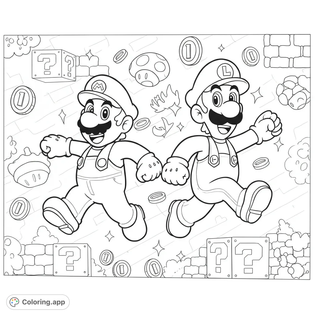 An action-packed Mario and Luigi coloring page featuring the iconic brothers mid-leap, surrounded by coins and blocks. A free printable coloring page for all ages!