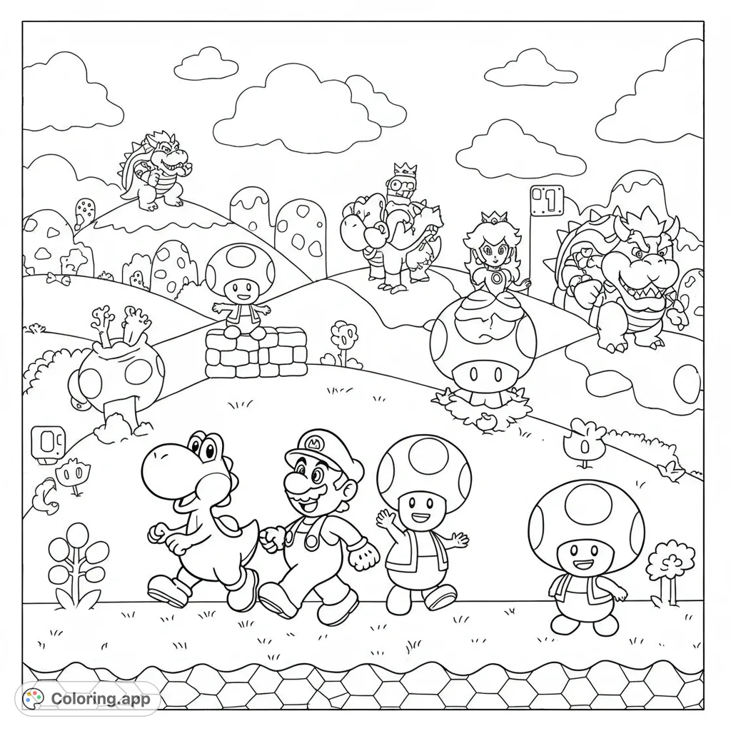 An expansive Super Mario coloring page featuring Mario, Luigi, Peach on Yoshi, Bowser, and Toad in a classic mushroom and pipe-filled landscape. Perfect for fans!