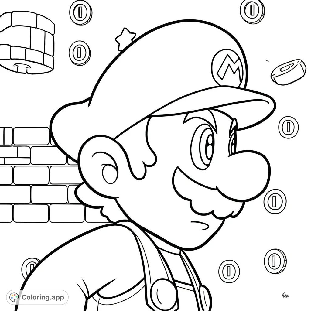 A dynamic Mario coloring page featuring a close-up of his determined face, iconic cap, and mustache, set against a classic brick and coin background.