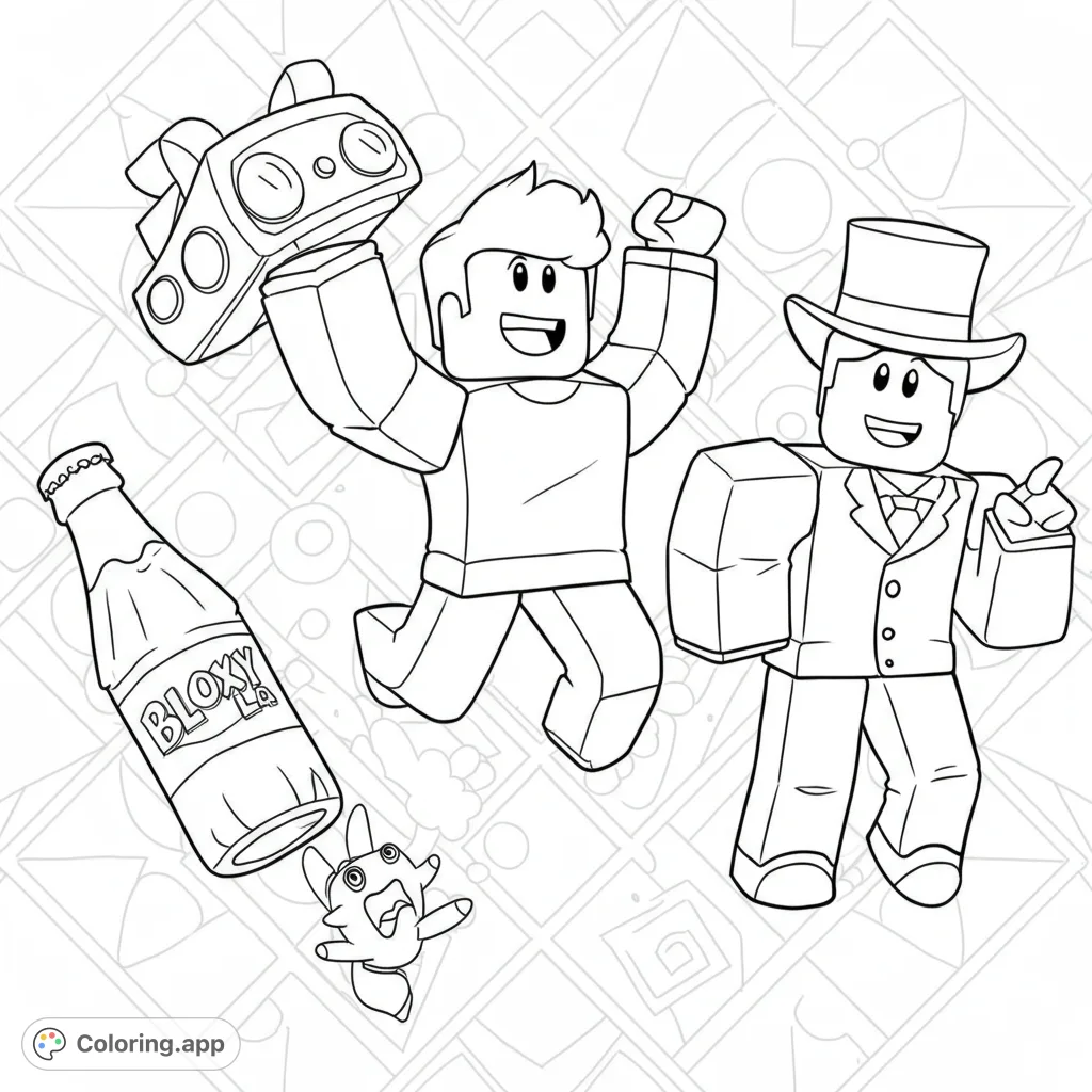 A dynamic Roblox coloring page featuring the Noob, Bloxy Cola, and a cool avatar in playful action against a fun geometric background. Perfect for fans!