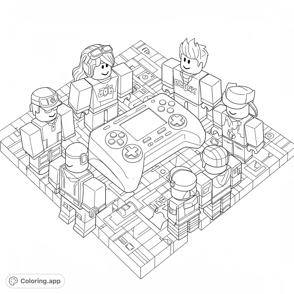 Top-down Roblox coloring page featuring popular characters gathered around a game controller, perfect for fans of all ages.