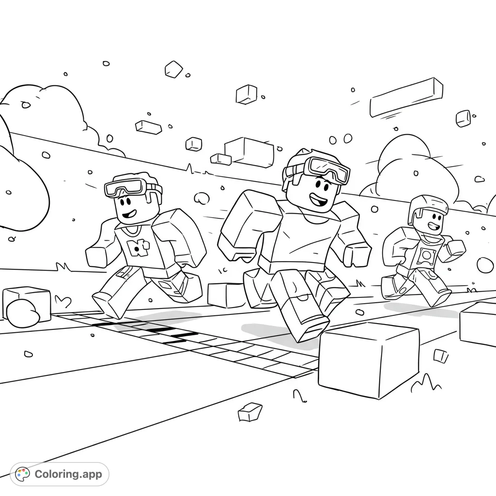Dive into a fun Roblox coloring page featuring blocky characters racing through a vibrant, imaginative world. Perfect for young fans!