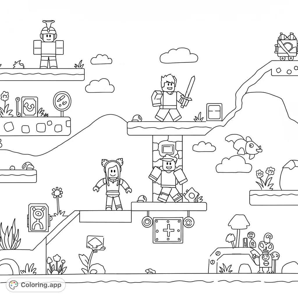 Dive into a Roblox side-scrolling adventure! Popular characters navigate platforms and obstacles in a pure black and white line drawing, perfect for creative coloring fun.