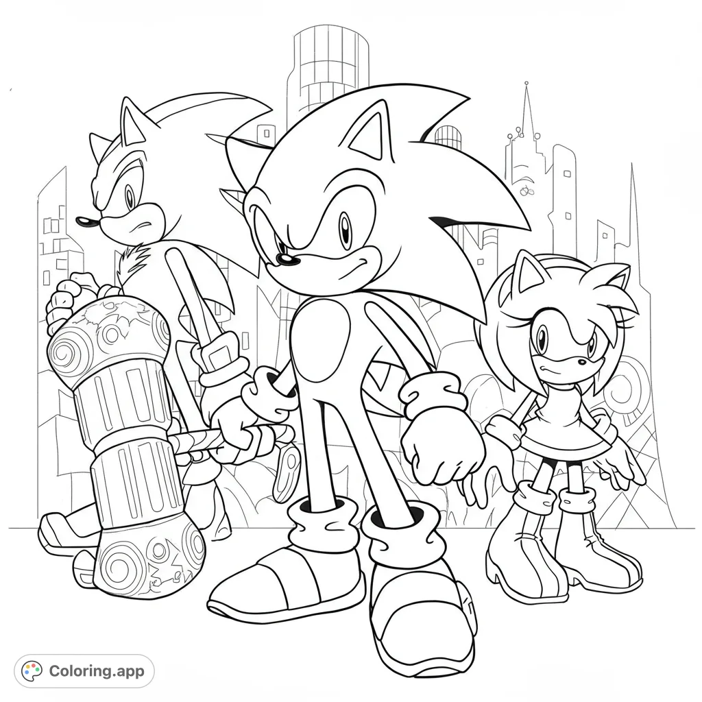 An action-packed Sonic the Hedgehog coloring page featuring Sonic, Amy Rose, and Shadow against a futuristic cityscape, perfect for fans of all ages.