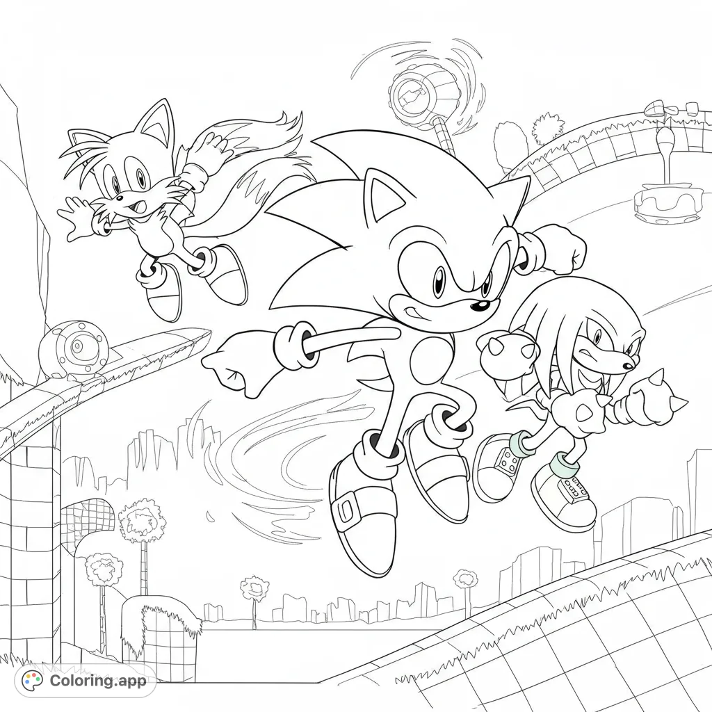 Dynamic Sonic the Hedgehog coloring page featuring Sonic, Tails, and Knuckles leaping through a stylized Green Hill Zone with speed lines. Perfect for fans!