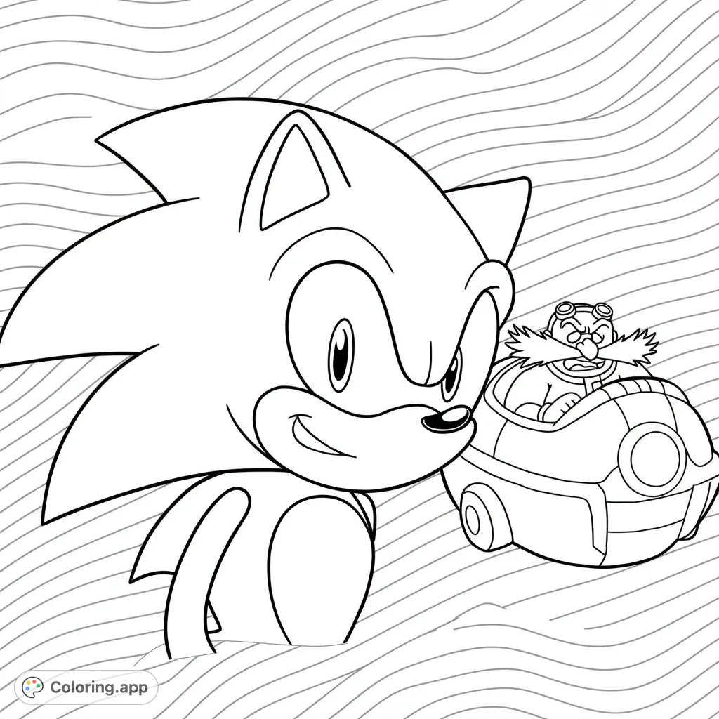 Dynamic Sonic the Hedgehog coloring page featuring his iconic smile and spiky quills, with a comically frustrated Dr. Robotnik in his Egg Mobile.