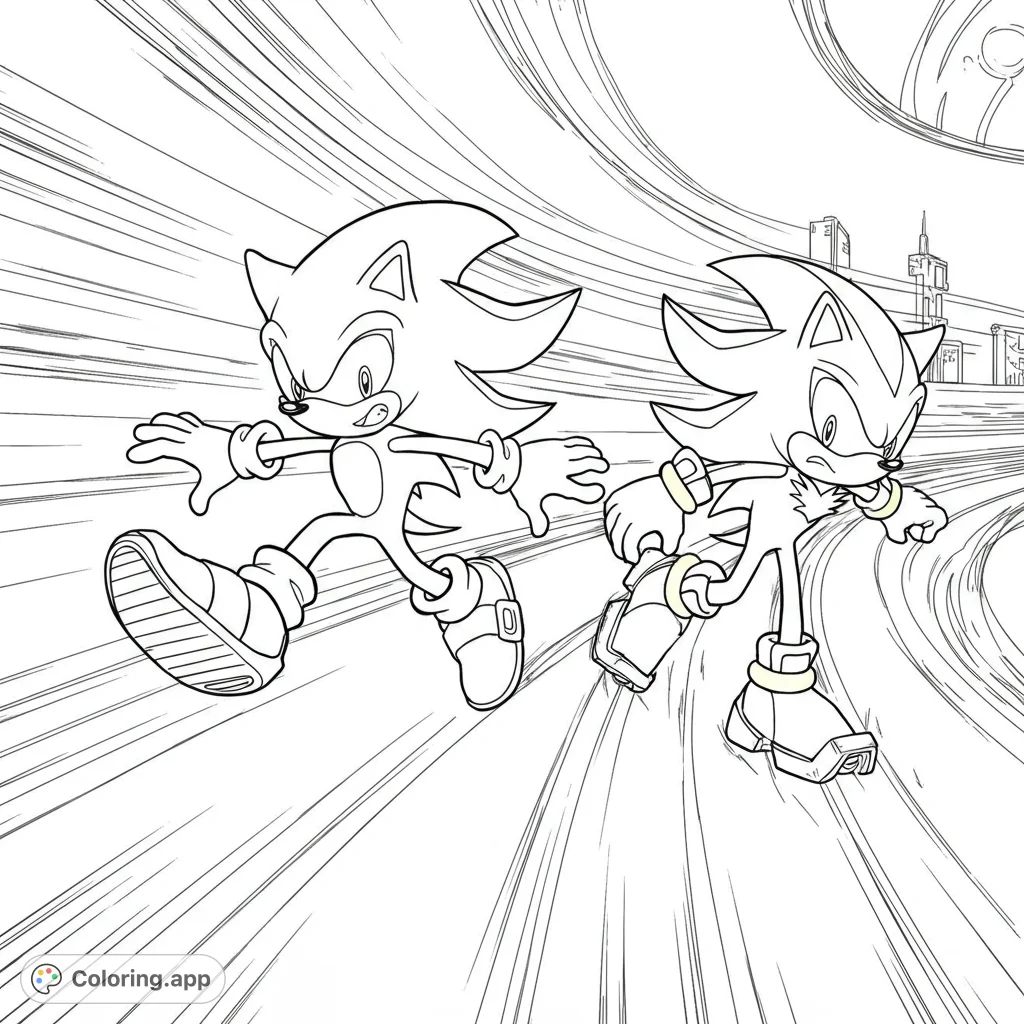 Dynamic Sonic the Hedgehog coloring page featuring Sonic and Shadow racing on a winding track with speed lines against a blurred cityscape. Perfect for action fans!