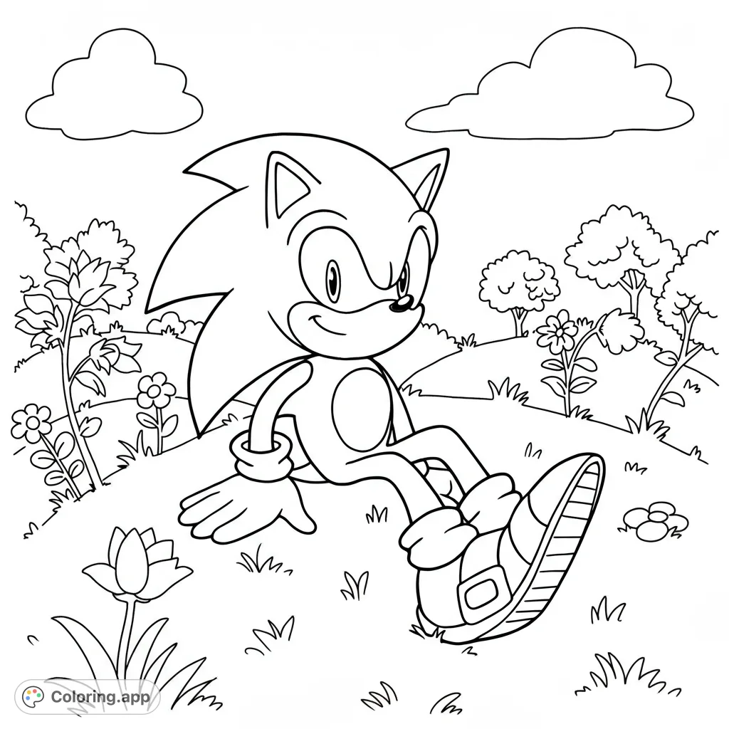A free printable Sonic the Hedgehog coloring page featuring Sonic relaxing on a grassy hill amidst simple flowers, perfect for all ages.