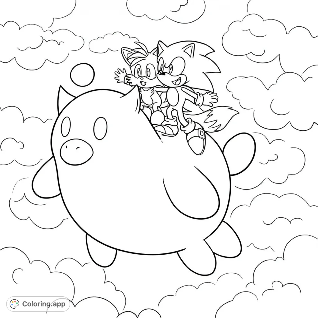 Join Sonic and Tails on a whimsical adventure, riding a giant, friendly Chao through fluffy clouds. A delightful, pure black and white line art for coloring fun!