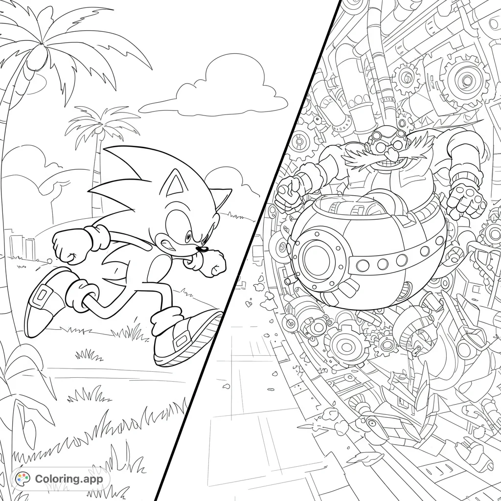 A thrilling Sonic the Hedgehog coloring page featuring Sonic racing from Dr. Robotnik's Egg Mobile.
