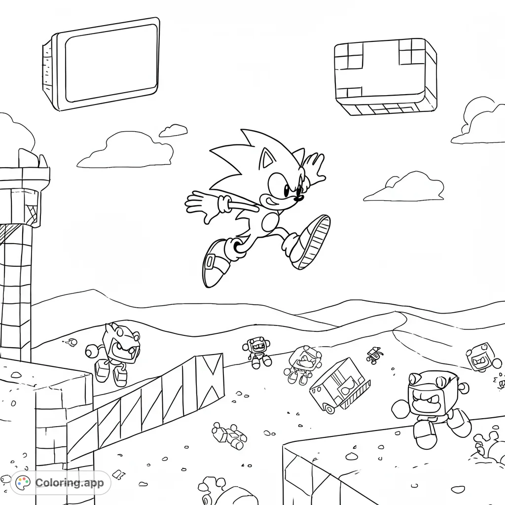 A dynamic Sonic the Hedgehog coloring page featuring Sonic mid-leap over obstacles in a desert, with simple Badniks below. Perfect for action-packed fun!