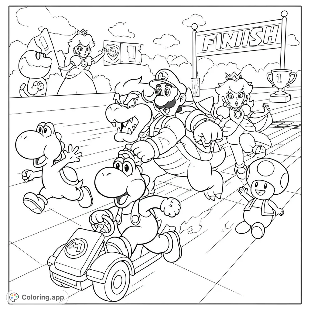 Join Mario, Luigi, Yoshi, and Bowser in an exciting race! Princess Peach cheers them on in this dynamic Super Mario coloring page, perfect for fans.
