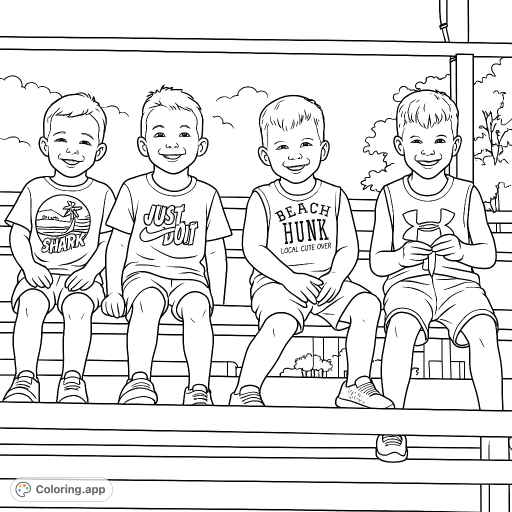 Four happy boys sit on a bench, ready for a fun coloring adventure. Perfect for kids to express creativity and practice fine motor skills.